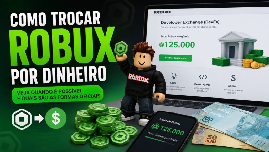 Pessoa consultando saldo de Robux e informações sobre conversão para dinheiro pelo Developer Exchange.