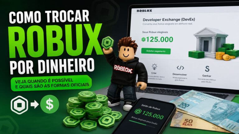 Pessoa consultando saldo de Robux e informações sobre conversão para dinheiro pelo Developer Exchange.