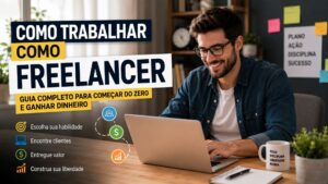 Pessoa trabalhando como freelancer em um notebook durante um projeto remoto.