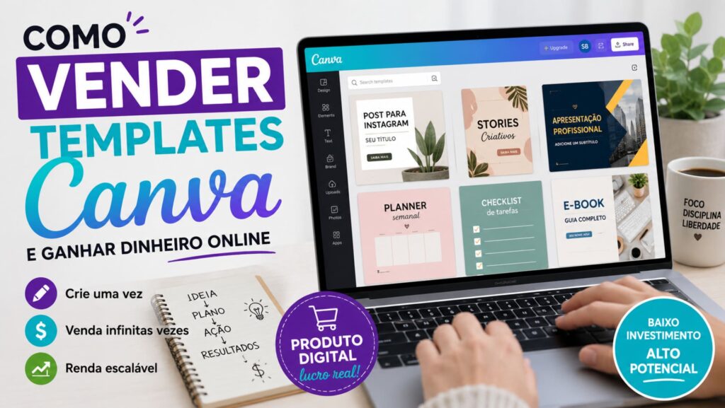 Pessoa criando templates profissionais no Canva para vender pela internet.